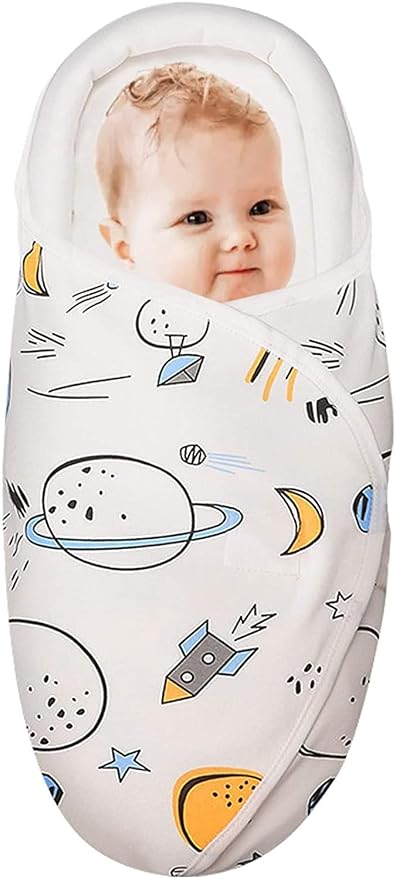 Premium Soft Cotton Baby Swaddle Blankets, Unisex Baby Blanket Wrap for Newborn Baby Boys Girls, Skin Friendly Wearable Swaddling Sleep Sack Calms Startle Reflex (Planet, White, 0-3 Months)