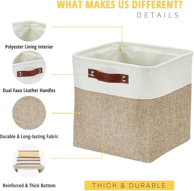 DECOMOMO Storage Cubes, 12x12 Storage Bins, Baskets for Shelves (Beige & White, Cube 12" - 4 Pack)