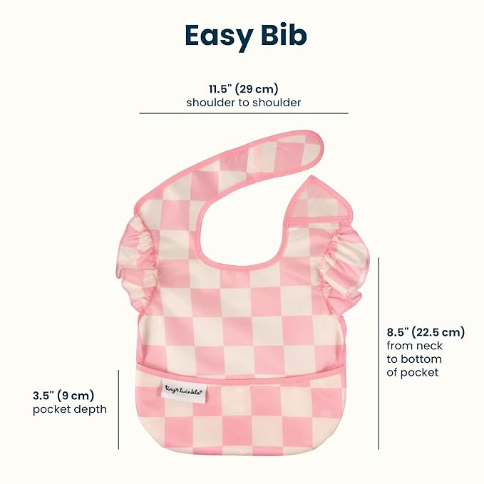 Tiny Twinkle Mess-Proof Baby Bibs for Eating | Waterproof, Wipeable Toddler Bibs with Catch-All Pocket | Feeding Bibs for Girls & Boys(3 Pack,Checkers Girl)