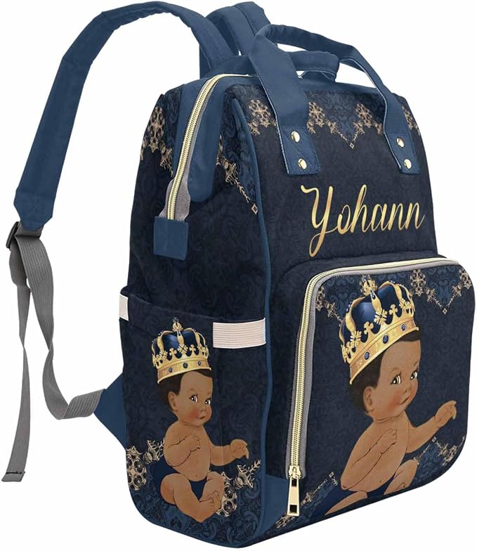 M YESCUSTOM Personalized Baby Diaper Bags for Women Men, Custom Blue Black Prince Backpack Customized Nappy Mommy Bag Backpack for Son Daughter Travel, Camping, Hiking Picnic