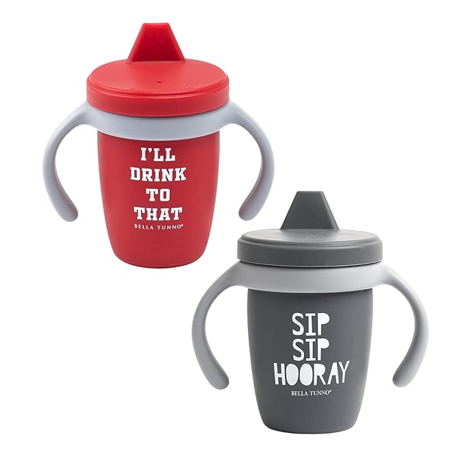 Bella Tunno Sippy Cup, Set of 2 Silicone Training Cups with Transition Handles for Infants, Toddlers & Kids, Babies 6-12 Months & Toddlers 1-3 Years, Boys & Girls, Drink & Hooray, 8 oz