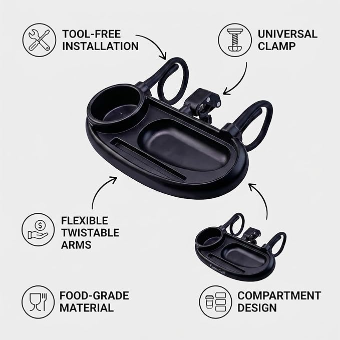 Compatible with UPPAbaby Snack Tray, Adjustable Stroller Tray Cup Holder | Food-grade plastic rinses clean after messy bites, while divided areas keep drinks, treats and a phone tidy on outings.