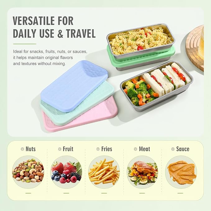 4 Pack Stainless Steel Snack Containers, Leak-Proof 2 Compartment Lunch Boxes with Silicone Lids, Reusable Metal Snack Box for Meal Prep, Travel, Outdoor & Daily Use (1 & 2 Compartments – A)