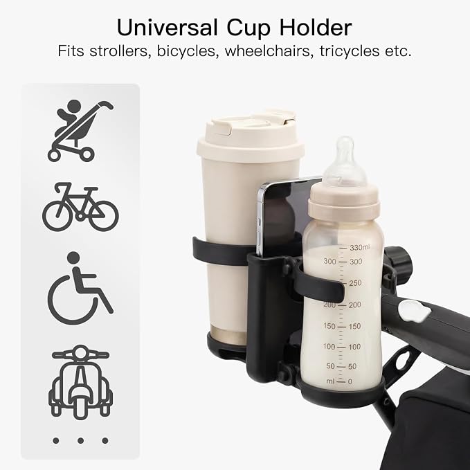 Gromast 3 in 1 Foldable Stroller Cup Holder with Phone Holder, 360° Rotatable Bottle Holder, Universal Cup Holder for Baby Stroller, Tricycle - Black