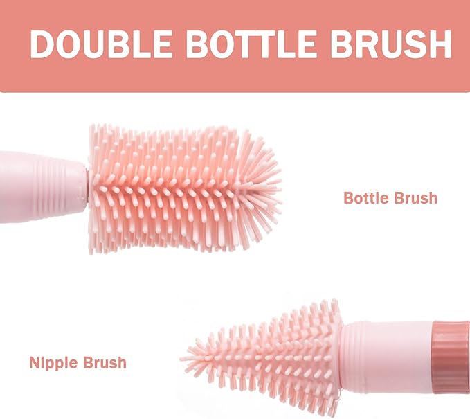 Travel Bottle Brush, 6-in-1 Portable Travel Bottle Cleaner Kit with Small Bottle Brush Built in Drying Rack, Nipple Brush, Straw Brush, Soap Dispenser, for Baby Bottles Under 8 OZ, BPA-Free(Pink)