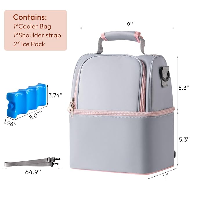 NCVI Breastmilk Cooler Bag with 2 Ice Pack, Breast Pump Bag with Cooler Fits 6 Bottles, Double Layer Breast Milk Baby Bottle Cooler Bag, for Travel, Nursing Mom Daycare, Work, Picnic (Grey)