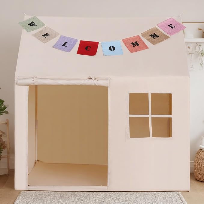 Kids Play Tent Large Playhouse Indoor Outdoor Play House Tent for Boys Girls Toddlers Castle Tents with Banners (Beige(with One Window))