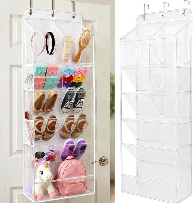 6 Tier Hanging Shoe Organizer – 100D Extra Thick Deep Pockets, Shoe Rack for Closet, Shoe Rack for Entryway, Shoe Organizer for Closet, Over the Door Shoe Organizer with 4 Side Pockets (Transparent)