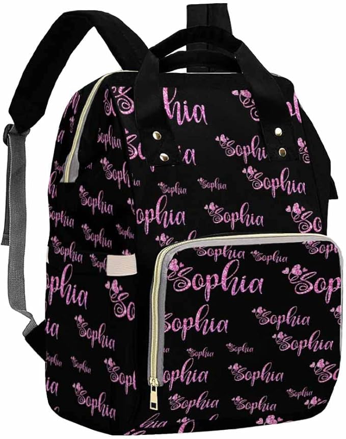 Artsadd Custom Name Diaper Bag for Mom, Personalized Pink Glitter Monogram Backpack with Stroller Straps Large Travel Shoulder Bag Capacity Nappy Bag for Baby Shower Gifts