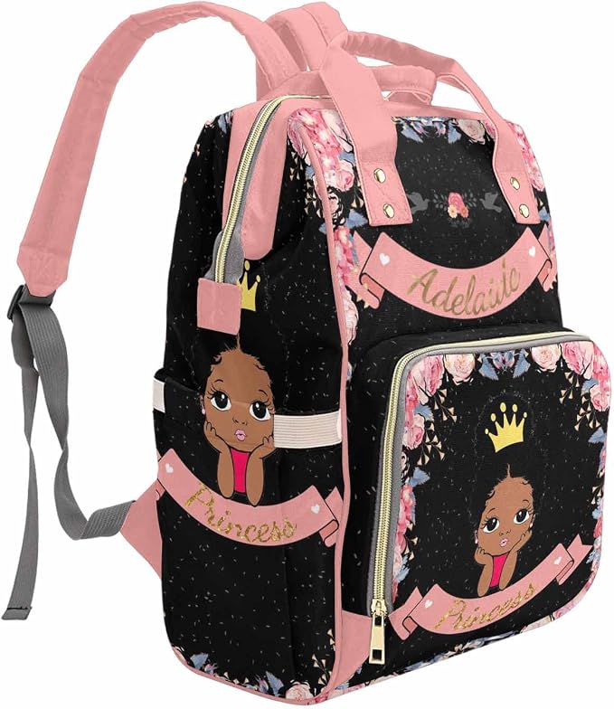 M YESCUSTOM Personalized Name Floral Diaper Bag, Customized Black Nursing Mommy Daypack with Large Capacity Nylon Backpack for Travel Holiday Gift for Women