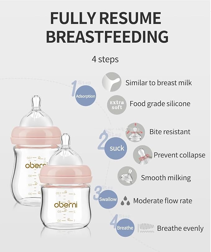 Oberni Glass Baby Bottles,Anti Colic Breastfeeding Bottle with Natural Response Nipple Size S,Wide Neck Slow Flow Baby Bottle for Baby,Newborn,Preemie 0-3 0-6 Month,BPA Free (Pink, 5 Ounceï¼? Pack)