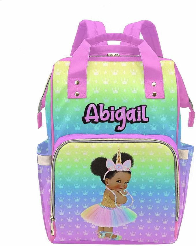 Personalized Name Diaper Baby Bag for Holiday Birthday Gift, Custom Multicolor Crown Mommy Nursing Backpack with Large Capacity Travel Daypack for Women Wife