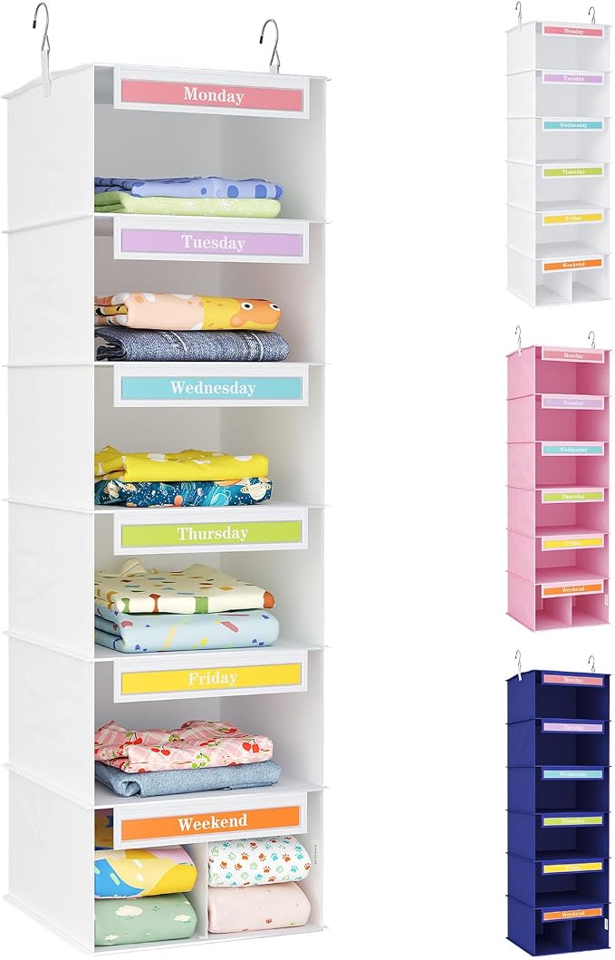 Lifewit 6 Shelf Weekly Clothes 0rganizer for Kids, Baby Hanging Closet Storage with Color Labels for School Outfits, Todder Daily Clothing Divider with Days of The Week Monday to Friday Weekend, White