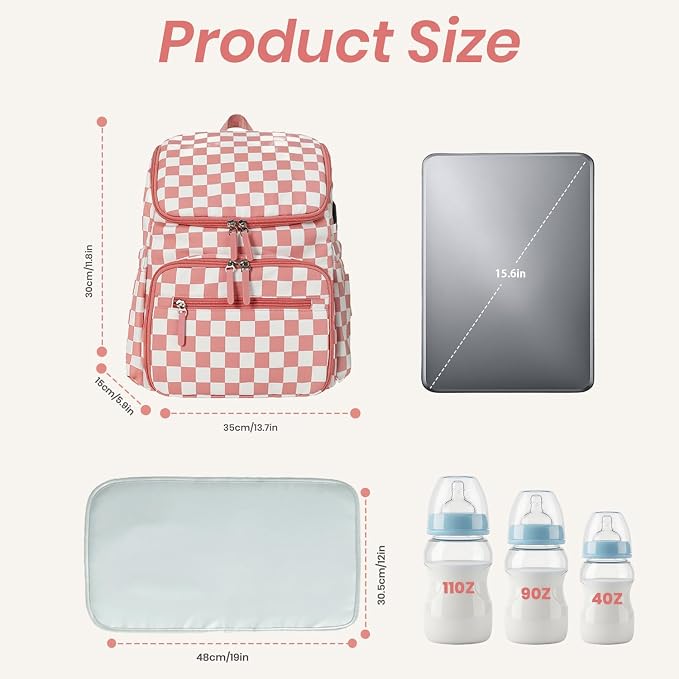 FHELAD Checkered Diaper Bag Backpack with Changing Pad & Stroller Clips, Large Travel Baby Diaper Bag for Newborn Moms, Baby Shower Gifts (Peach Pink)