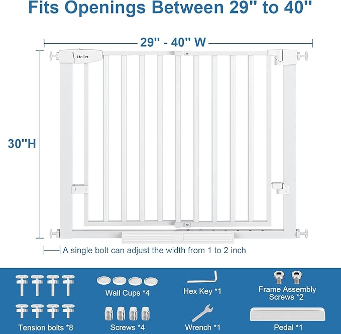 Malier Large Walk-Thru Door Baby Gate, 29-40" No Drill Pressure Mounted Dog Gate with Auto Close, Safety Gate Pet Gate for Stairs, Doorways, Child and Dogs Indoor (White, 29''- 40''W × 30''H)