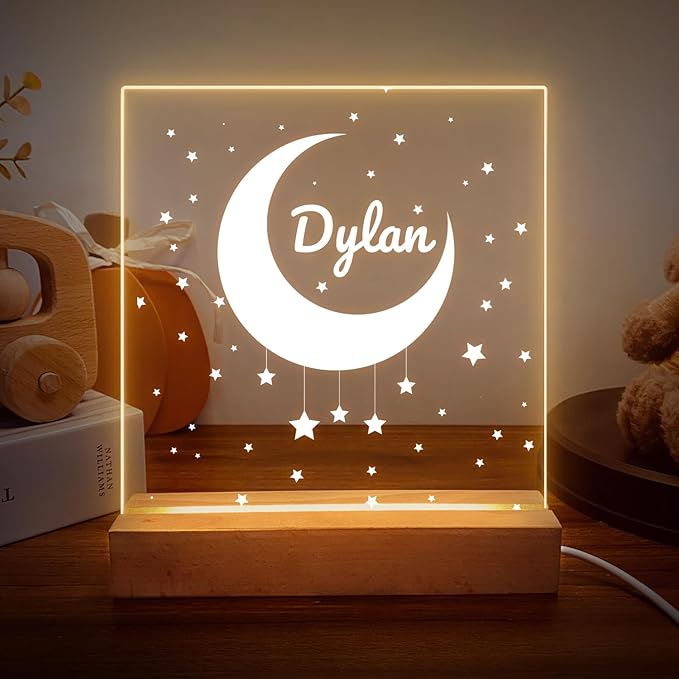 Personalized Night Light for Baby Kids, Custom Name Moon Star Led Lamp for Girls Boys, Customized Name Night Lights Gift for Children Nursery