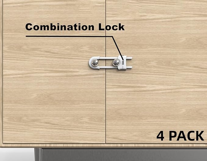 4 Pack Child Proof Sliding Cabinet Door Code Locks Baby Safety Cupboard Locks Adjustable U Shaped Cabinet Latches for Knob Handle Drawers Closet Plastic (4 PCS, White)