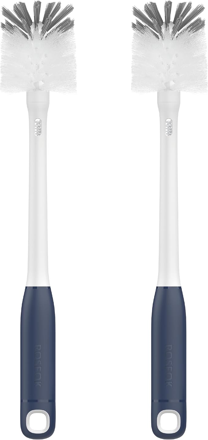 ROSEOK 2 in 1 Long Handle Bottle Brush with Straw Brush for Cleaning Glass, Sports Bottle, Coffee Mug,Navy Blue, 2 Pack