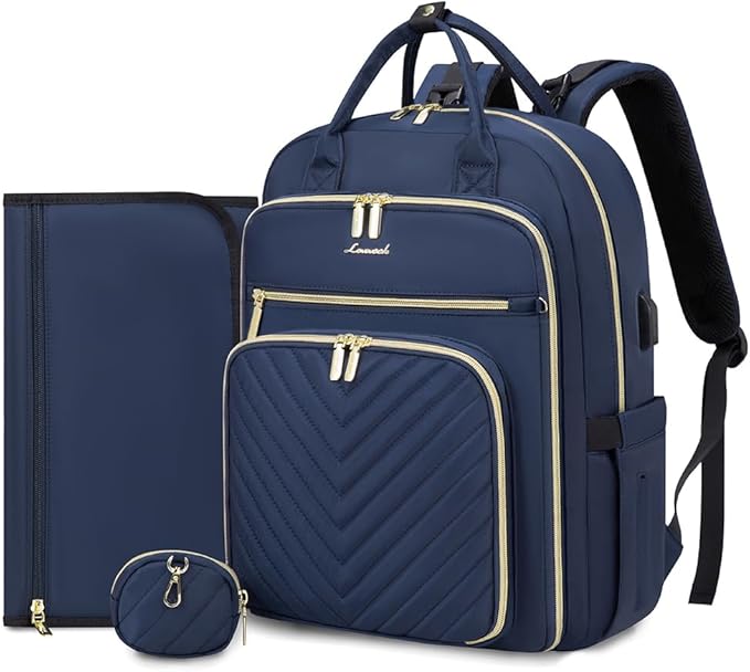 LOVEVOOK Diaper Bag Backpack, Quilted Baby Bag with Changing Pad & Pacifier Holder, Waterproof Travel Diaper Bags with USB Charging Port, Functional Durable Large Capacity, Navy Blue