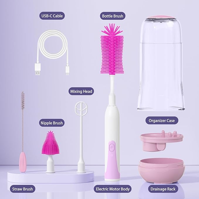 Electric Bottle Brush Cleaner, Portable Baby Bottle Washer, Travel Bottle Cleaner Brush Set with Silicone Bottle & Nipple & Straw Brush(Purple)