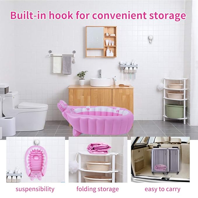 Inflatable Baby Bathtub,Newborn to Toddler Bath Tub with Built-in Air Pump,Portable Travel Shower Basin with Back Support,Foldable Toddler Tub Shower for Kids 0-6 Months(Pink)