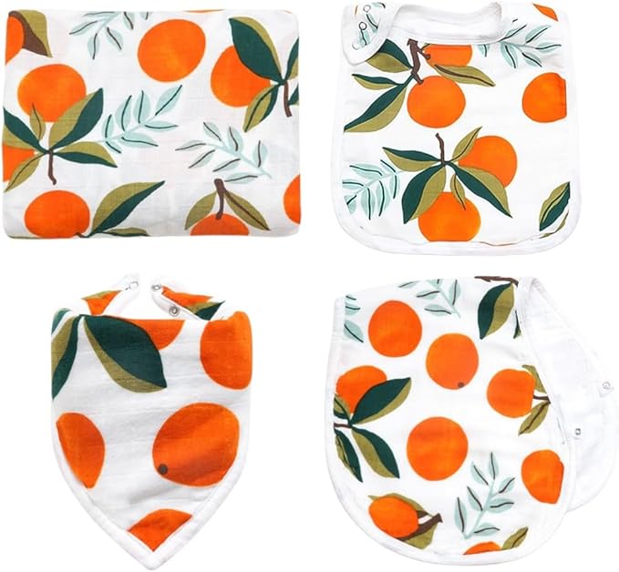 Muslin Swaddle Blanket Set for Baby – 4-Piece Newborn Essentials with Swaddle, Burp Cloth & Bibs, Soft Breathable Receiving Blanket | Clementine