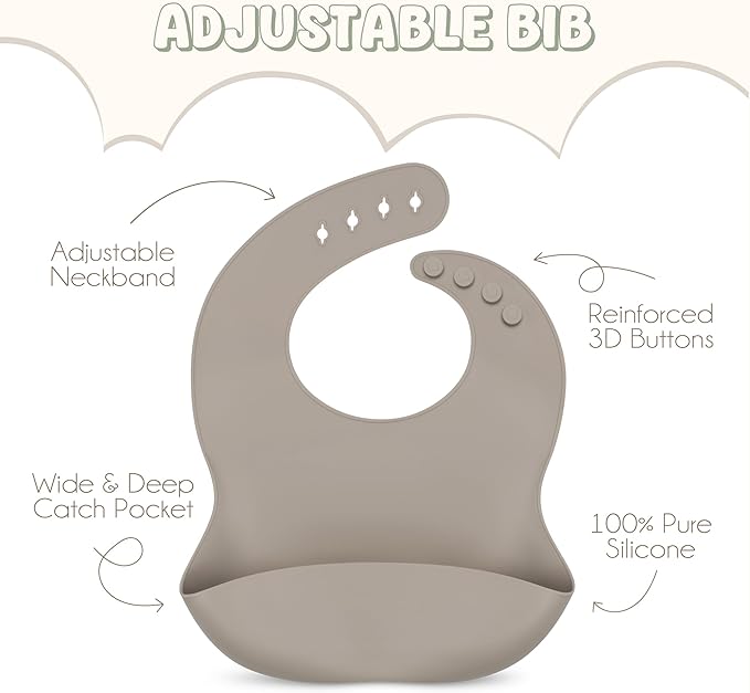 Silicone Baby Feeding Set - 100% Pure LFGB Premium Silicone - 8 Piece Feeding Set: Bib, Straw Cup, Suction Plate & Bowl, Fork & Spoon, Self-Feeding Spoons - BPA-Free, BPS-Free (GRAY)