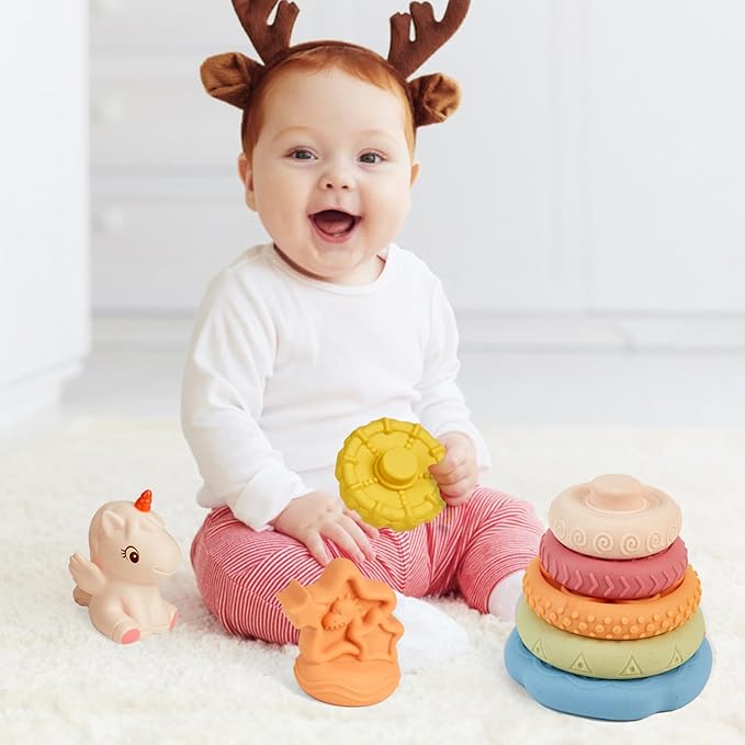 8 Piece Stacking & Nesting Baby Toys, No Hole Stacks of Circles Soft Teething Toy and Building Circle with Pink Horse Figure, Newborn Essentials for 6 12 18 Months Boys Girls