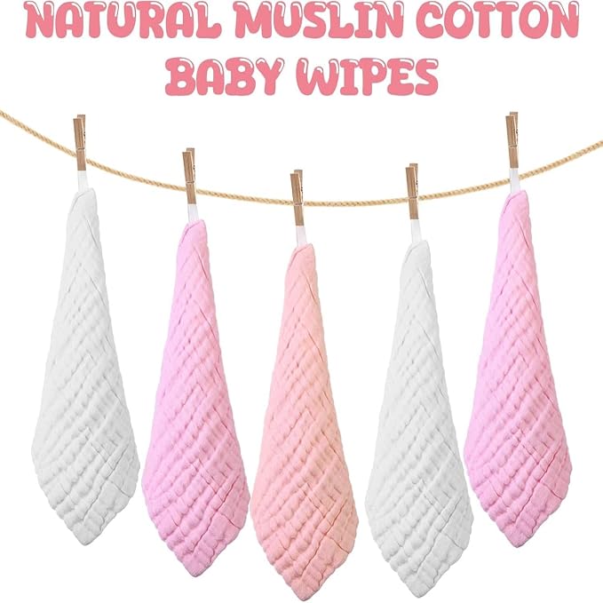 Chumia 30 Pcs Baby Muslin Washcloths Muslin Burp Cloths Baby Towel Natural Cotton Burp Cloths Wipes Soft Newborn Face Towel Absorbent for Face Bath Shower, 12 x 12'' (Light Pink, White, Pink)
