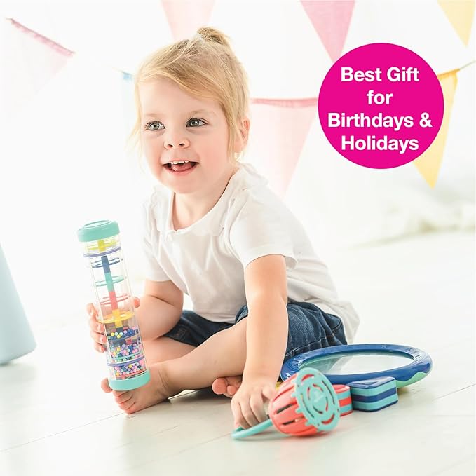 Edushape First Birthday Gift Set - Baby Musical Instruments & Toddler Music Set - Music Toys Baby Gift ??Includes Hand Drum, Rain Stick, Shakers, Bell - Interactive Toddler Music Toys for Toddlers 1-3