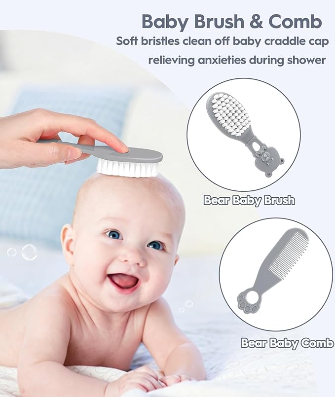 Baby Healthcare and Grooming Kit, Safety Newborn Nursery Baby Care Kit, with Hair Brush Comb, Nail Clipper, Thermometer, Pacifier Clip, Baby Registry Search, Newborn Essentials Girls Boys (Grey)