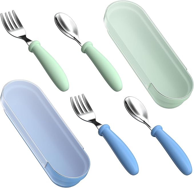Toddler Utensils, Toddler Forks and Spoons, Baby Stainless Steel Silverware Set with Storage Box for Self Feeding Safe, Dishwasher Safe (2 Set with Case)