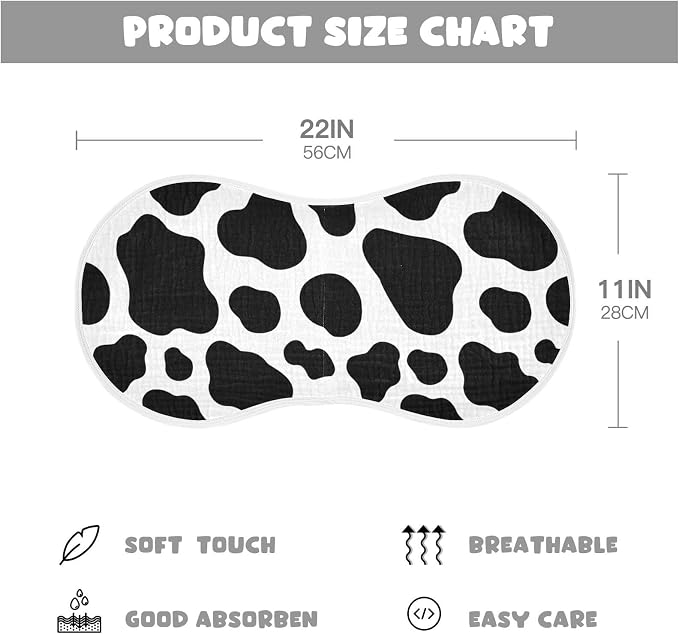 Muslin Baby Burp Cloths Set of 1, Soft Cow Print Absorbent Muslin Washcloths, Bibs, Face Towel for Newborn Boys Girls, 22 x 11 Inch