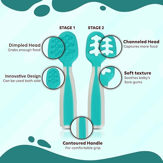 Baby Spoons, Silicone Pre-Spoons for Kids Aged 6+ Months - First and Second Stage Feed, Baby Led Weaning, Teething, Infant Feeding - Toddler Utensils - Set of 2 Spoons, Teal/White