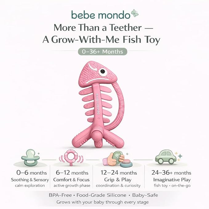 3 in 1 Infant Toys, Baby Teething Toys 3?? 6??2 Months, Teethers for Babies 0??????2 Months for Teething Relief, Baby Gift, Baby Teether Toys, Silicone Sensory Toys, USA Patent Pending, Fish (Pink)