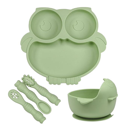 Owl Shape Silicone Baby Feeding Set, Toddler Suction Plates and Bowls Set with Spoons, Kids Silicone Dinnerware Set Eating Utensils, Green