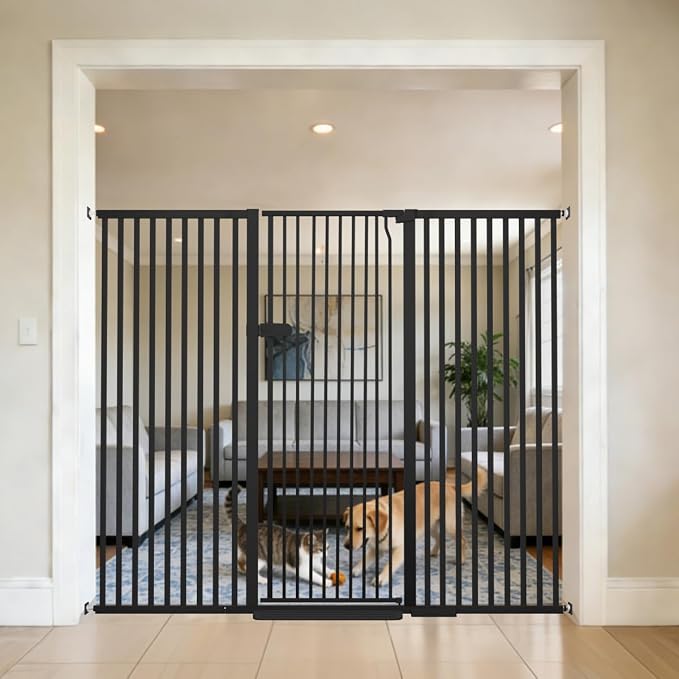 Lumizone Extra Tall Cat Gate 55.12" High Pressure Mounted 63.39"-67.71" Extra Wide 1.37" Gap No Drilling Auto-Close One-Handed Operation Tall Pet Gate for Dogs(Black, 55.12" H x 63.39"-67.71" W)