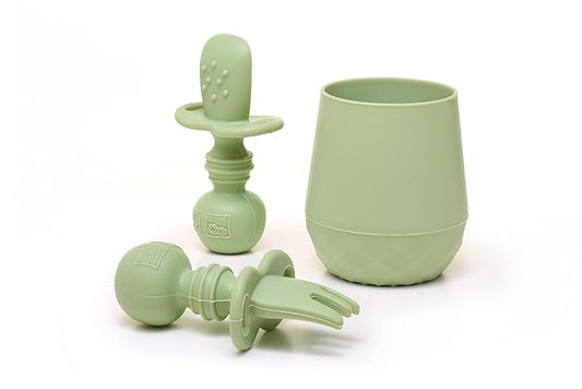 Tooshka® Baby Utensil Set (3 pcs) - Self Feeding Spoons and Tiny Cup - Silicone & BPA Free - Baby-Led Weaning (BLW) Supplies - Ages 6+ Months - Green Baby Cup & Utensils