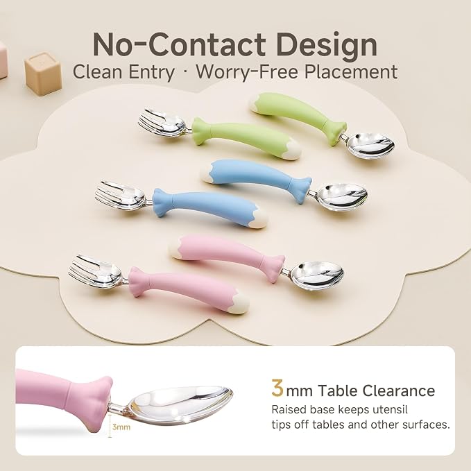 KINGSTONE Toddler Utensils with Case, Kids Silverware Set with Silicone Handles, 18/10 Stainless Steel Children Safe Forks and Spoons, Travel Carrying Cases BPA Free, Dishwasher Safe (pink)
