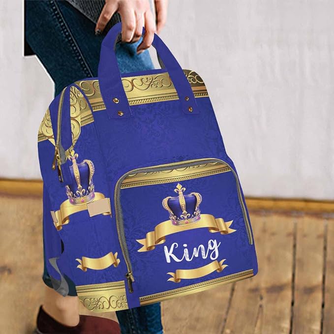 InterestPrint Personalized Mommy Diaper Bag with Name, Golden Crown with Sapphire Custom Fashion Shoulder Bag Casual Daypack Backpack for Travel