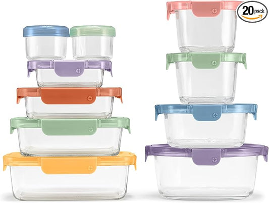 Ello Color Lock 20PC Mixed Glass Food Storage Sets, Leak-Proof Glass Food Storage Containers with Airtight BPA-Free Plastic Lids, Dishwasher, Microwave, and Freezer Safe, Desert Festival
