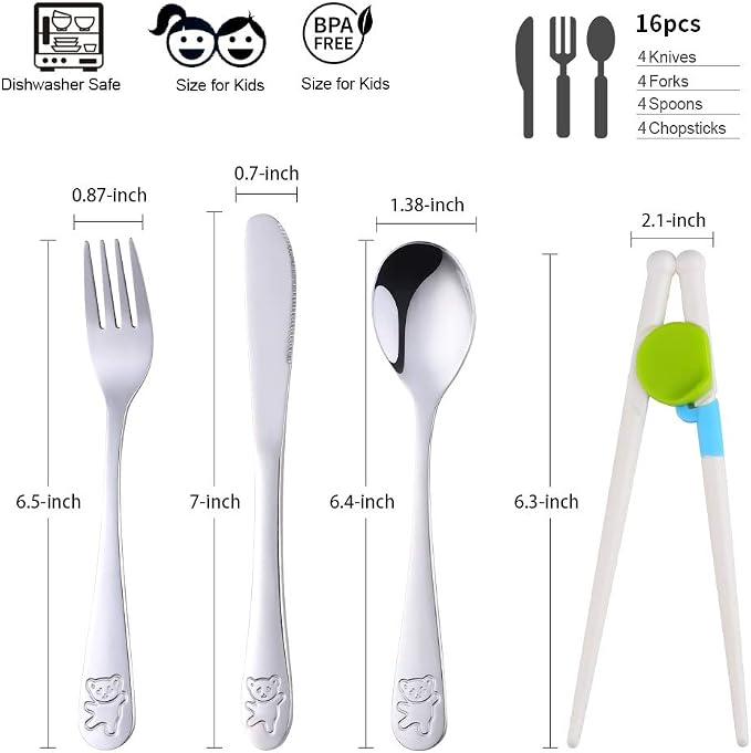 Stainless Steel Kids Utensils with Training Chopsticks | Toddler Silverware | Kids Silverware | Spoon + Fork + Knife + Chopsticks set | 4-12 Years+ | 12 Pieces | Dishwasher Safe | Silver