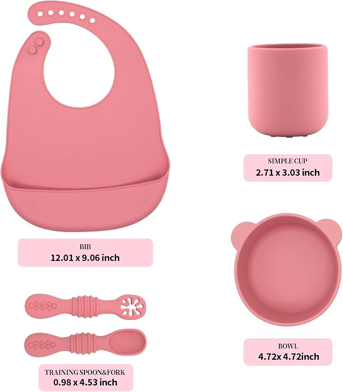 BabyX Silicone Baby Starter Kit, 5 Pieces First Feeding Set, Including Training Spoon, Fork, Cup, Bib and Bear Shaped Bowl (Pink), BPA-Free, Baby Utensils Supplies, Microwave/Dishwasher Safe