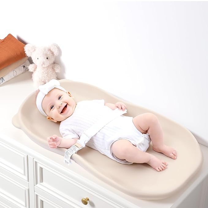 Wipe-Clean Baby Diaper Changing Pad Waterproof & Wipeable Teddy Bear Easy to Clean, Soft EVA Foam Changer Pads with Adjustable Safety Belt, Non-Slip Change Mat for Changing Station Table Dresser Bed