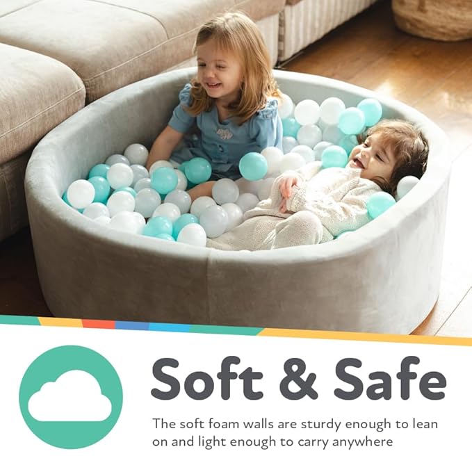 Nuby Velvet Ball Pit - 200 Colored Balls Included - Soft Foam Play Pit for Baby and Toddlers, Indoor/Outdoor Playpen, Play Gym - Aqua & Gray
