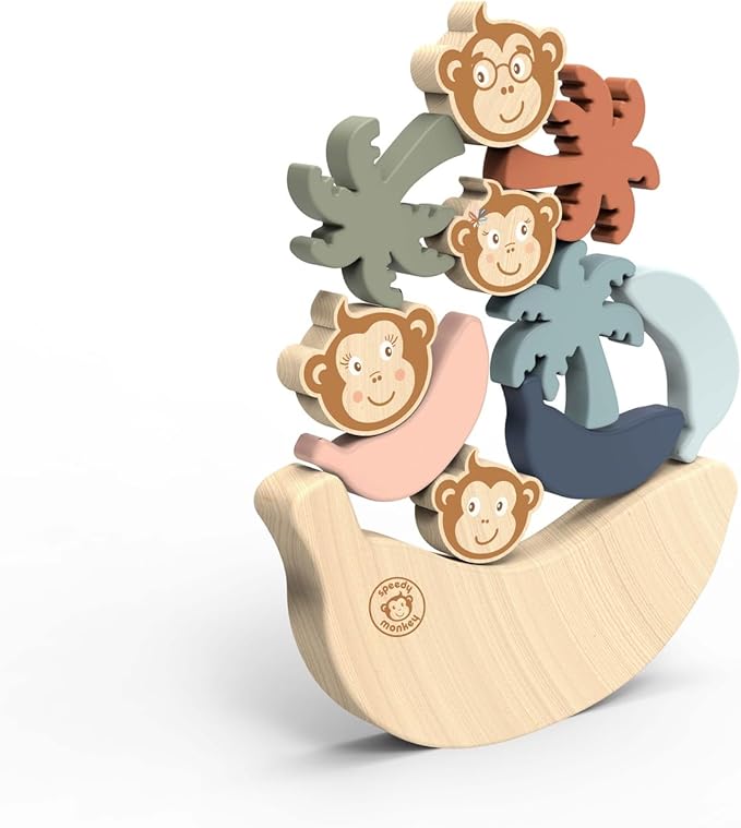 Speedy Monkey See Saw Game, Wooden Stacking Blocks, Balance Beam with Bananas, Palm Trees & Monkeys, Enhances Color Knowledge, Logic & Fine Motor Skills, Non-Toxic Paint For Kids