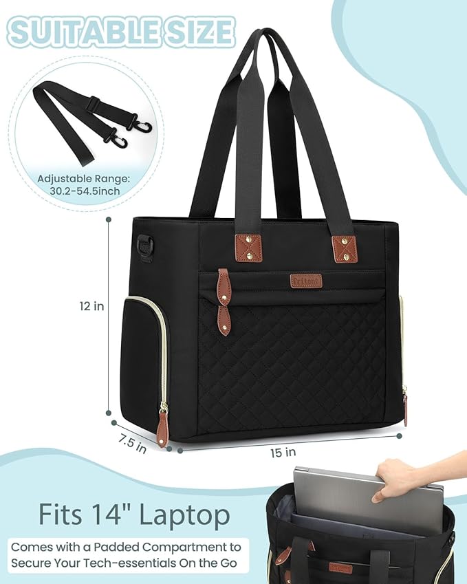 Pritent Diaper Bag Tote for Working Mom, Large Travel Diaper Tote for Mom and Dad with 14 Inch Laptop Sleeve, Mommy Maternity Travel Baby Bag for Boys and Girls, Black