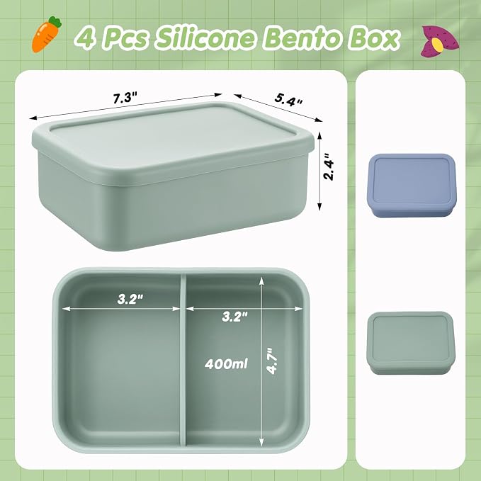 Layhit 2 Pcs Silicone Bento Box for Adults, 27 oz Bento Lunch Container Reusable Food Container for Women Men, Leak Proof Microwave Dishwasher Freezer Safe (2 Compartments,Gray Blue,Green)