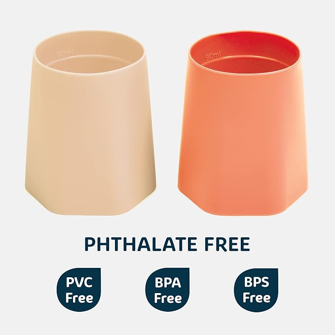 Tiny Twinkle Training Cup 2 Pack - Silicone Cups for Independent Drinking for Baby and Toddler, Baby Led Weaning Supplies Soft Open Cup For Baby (Sand, Coral)