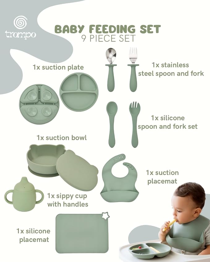 Food-grade Silicone Baby Feeding Set – 10 Pieces | BPA-Free | Includes Plate, Bowl, Sippy cup, 2 Spoons, 2Forks & Bib | Non-Slip, Microwave & Dishwasher Safe – Green